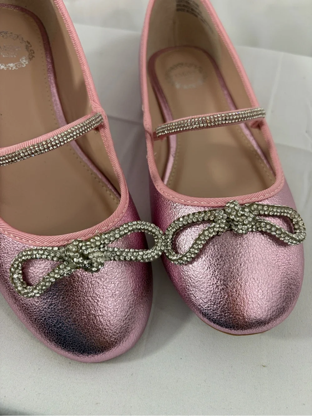 NWT Nicole Miller Youth Size 3 Metallic Pink Ballet Flats with Rhinestone Bow